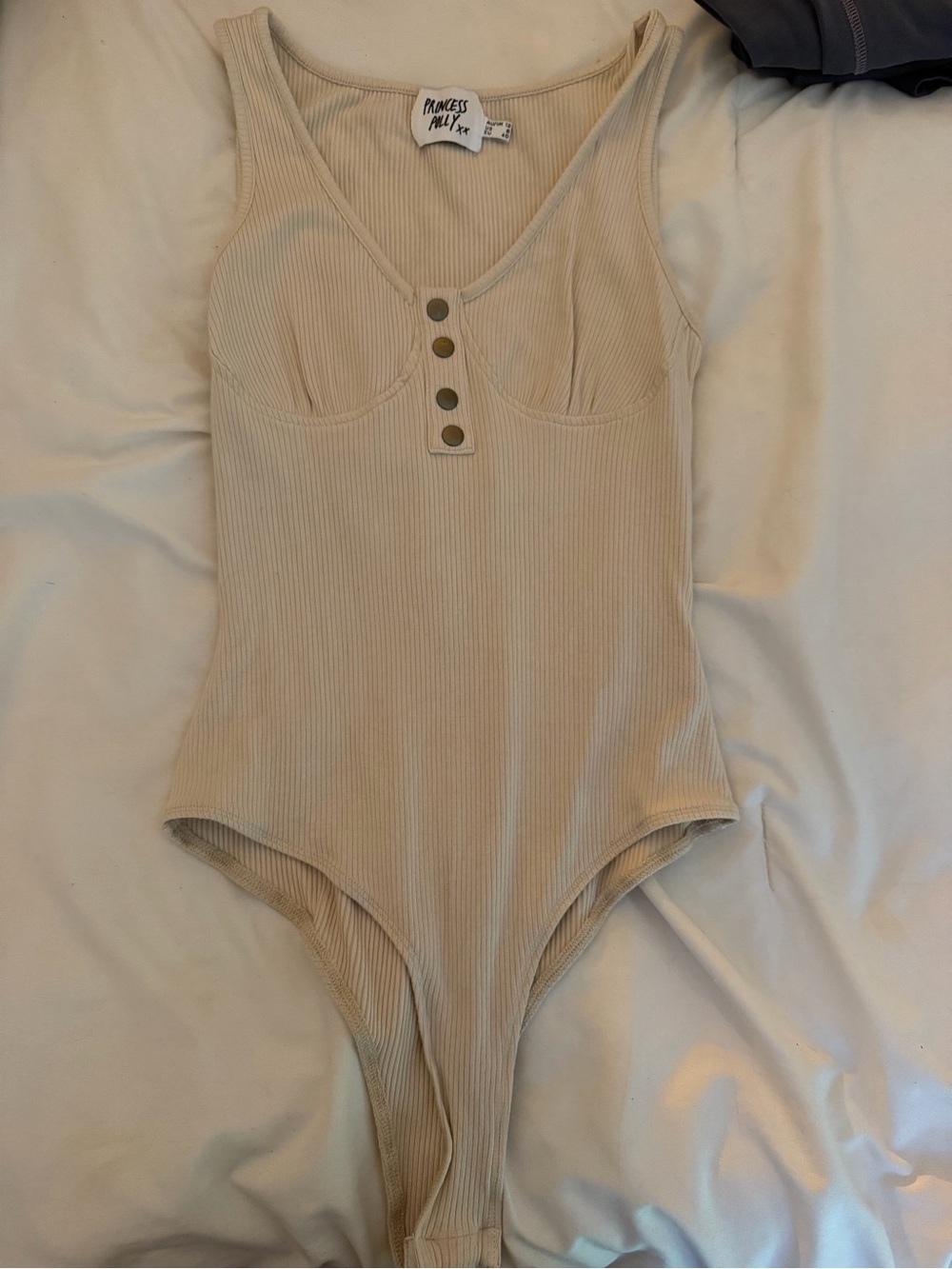 Princess Polly Beige Ribbed Button Bodysuit